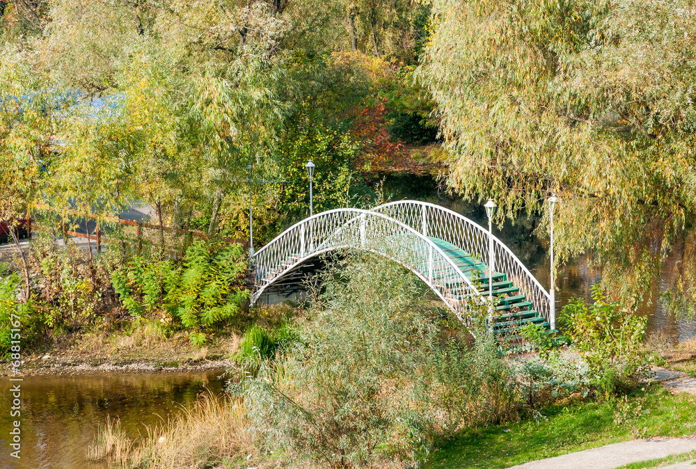 Obraz premium A small curved bridge in over a stream in a park of Kiev, Ukraine