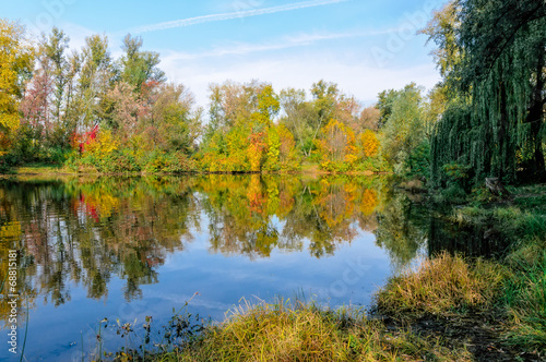 Reflection of trees in the lake water in Autumn