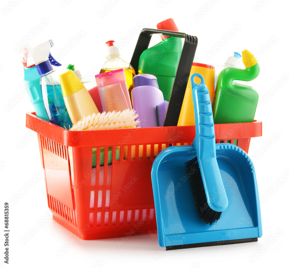 Shopping basket with detergent bottles isolated on white - obrazy, fototapety, plakaty 