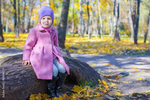 Little cute girl in autumn park on sunny day outdoor