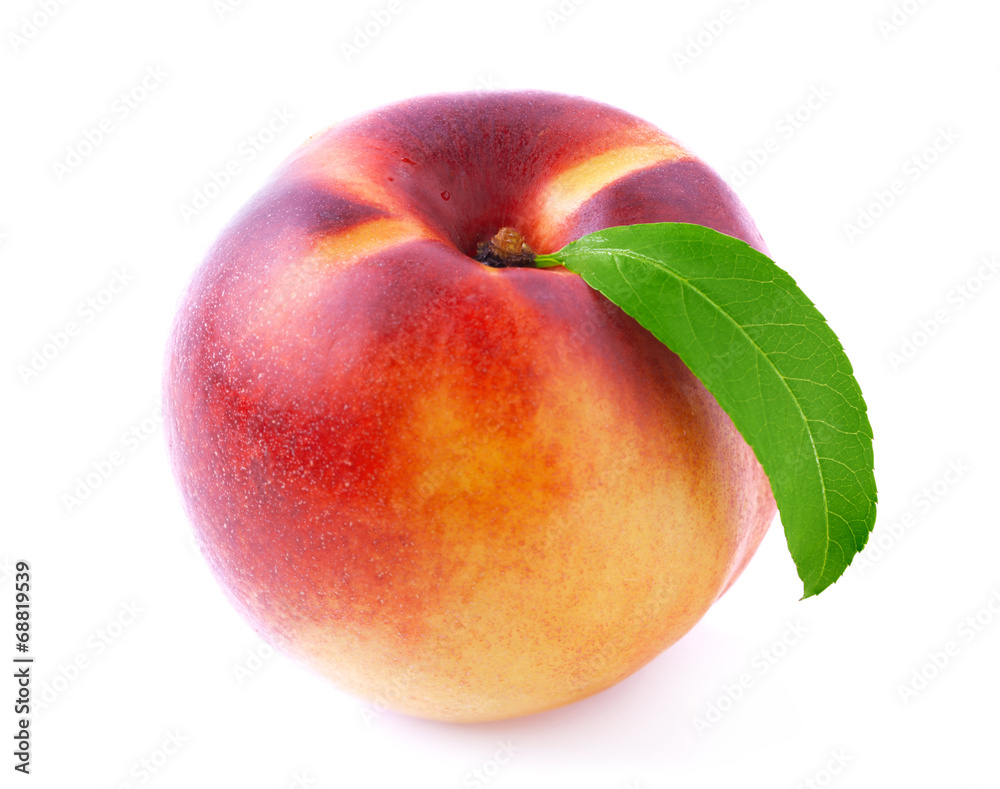 Ripe peach with leaf. Ripe peach with leaf.