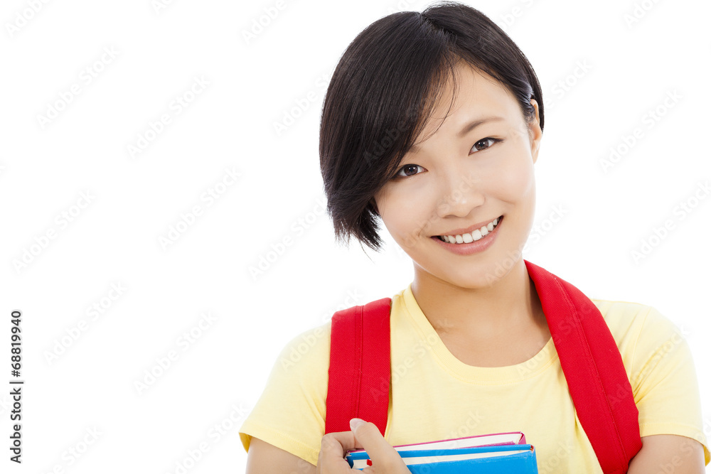 closeup of smiling student girl over white background
