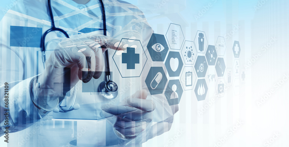 Double exposure of smart medical doctor working with operating r Double exposure of smart medical doctor working with operating r