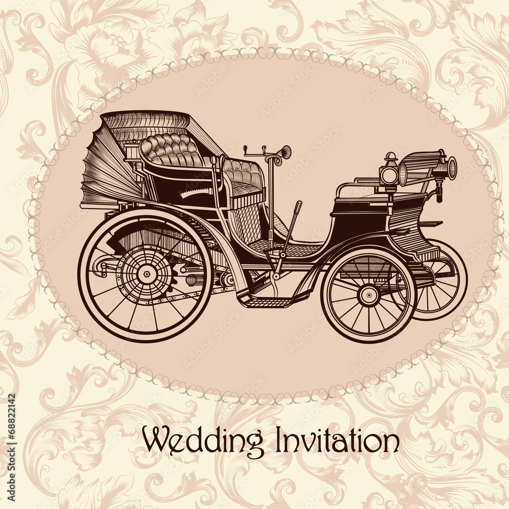 Wedding invitation with vintage seamless vector pattern