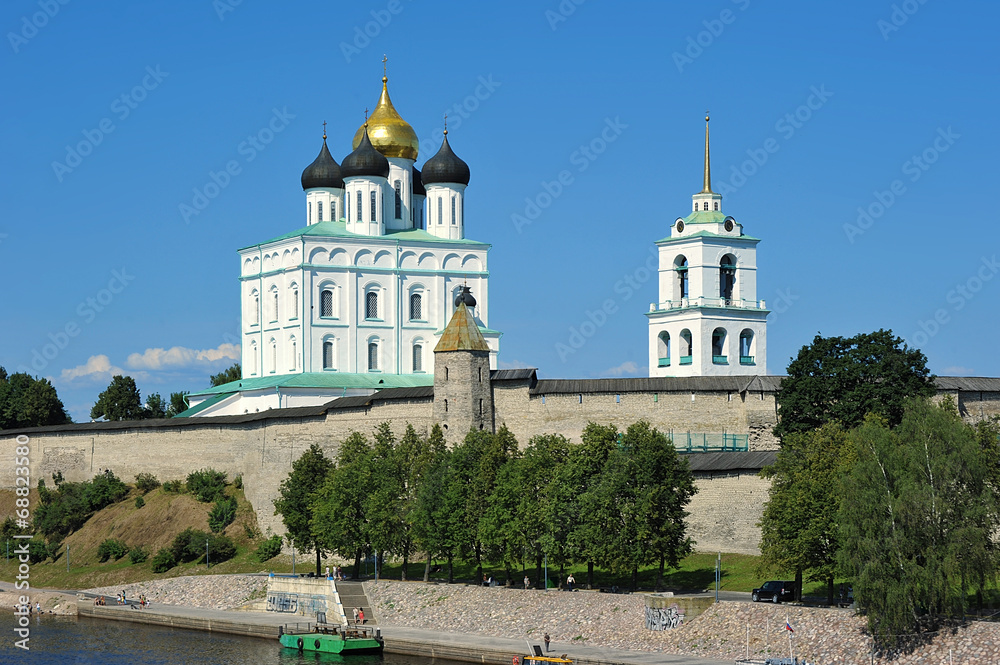 domes with crosses Orthodox Kremlin in Pskov, Russia