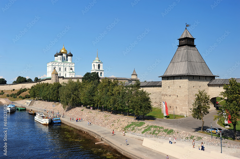domes with crosses Orthodox Kremlin in Pskov, Russia