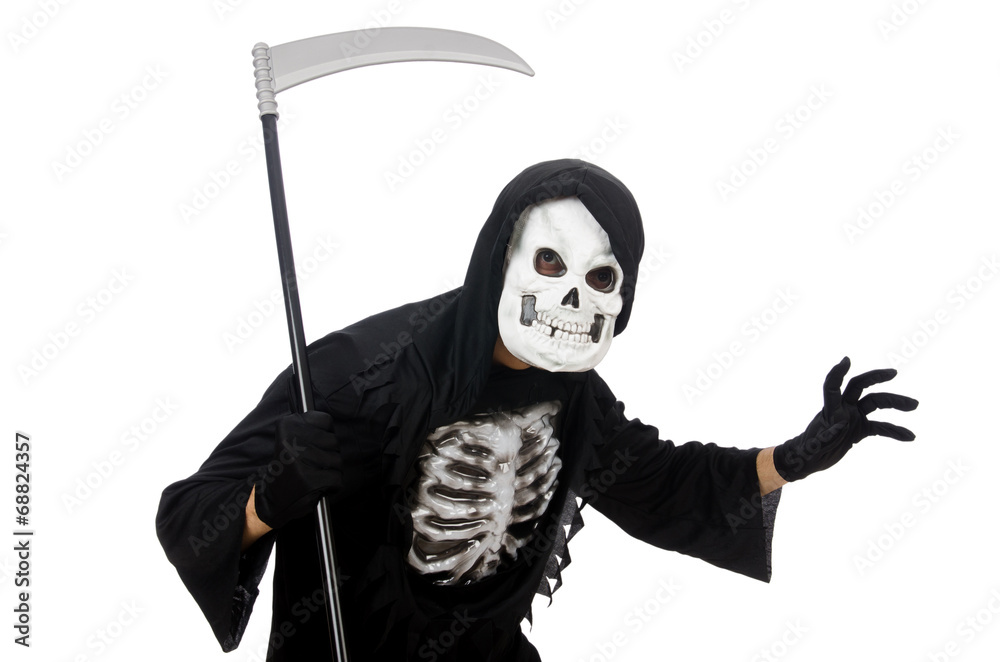 Scary monster with scythe isolated on white