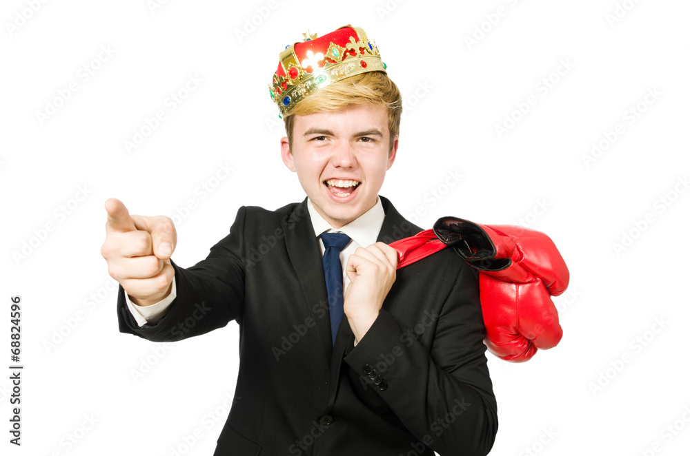 Funny businessman with crown and boxing gloves Funny businessman with crown and boxing gloves