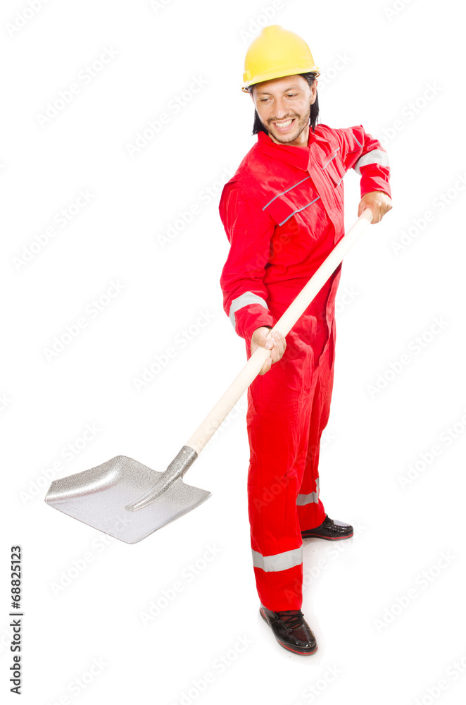 Man in red coveralls with spade