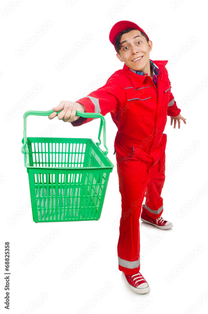 Man in red coveralls with shopping supermarket cart trolley Man in red coveralls with shopping supermarket cart trolley