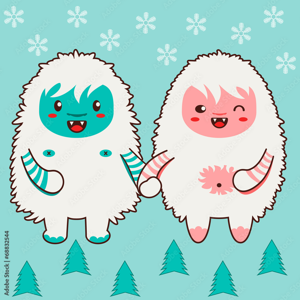 Obraz premium Happy yeti couple. Single tile of a vector pattern or texture
