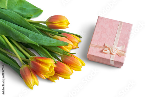 Bouquet of Tulips and Pink Gift Box