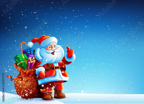 Santa Claus in the snow with a bag of gifts