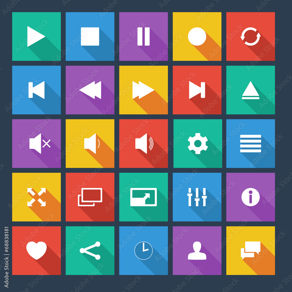 Media player flat  icons with long shadow.