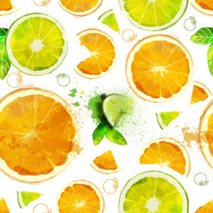 Papier peint photo Fruits aquarelle patrons Tranches oranges citrons verts agrumes  © vikpit74