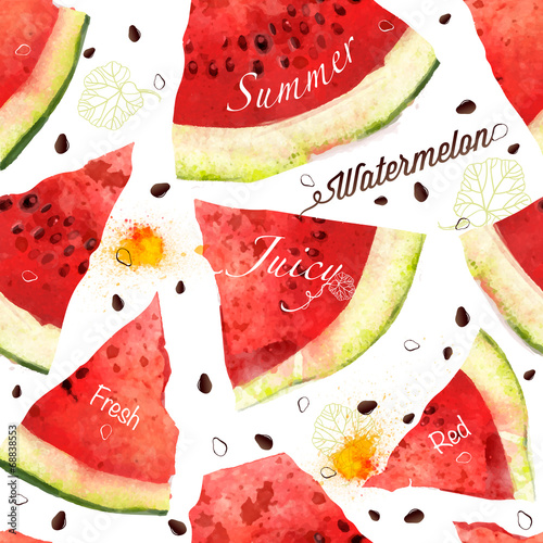 Watermelon vector seamles watercolor pattern, juicy piece