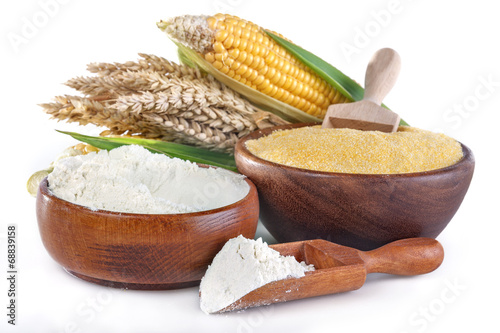 corn and wheat with flour and grits on white