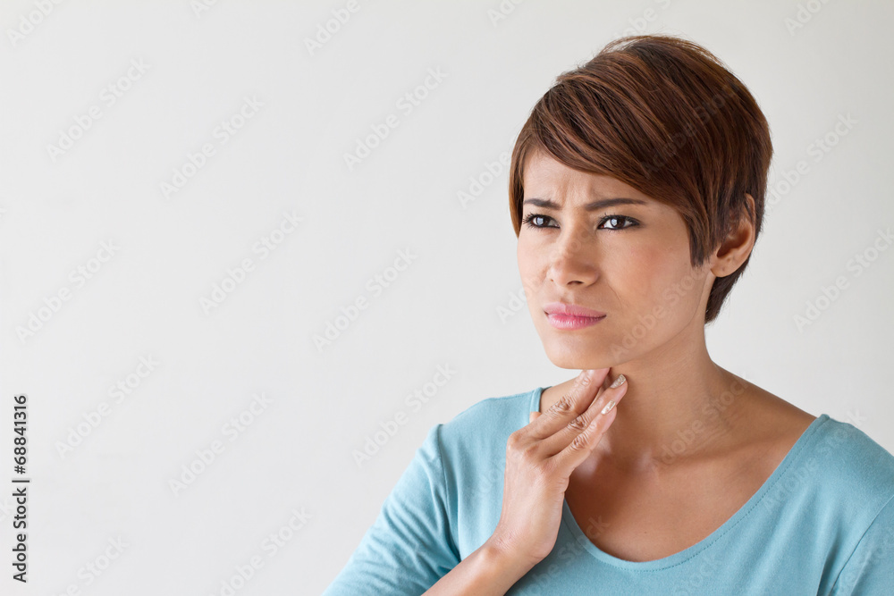 sick woman with sore throat, inflammation sick woman with sore throat, inflammation