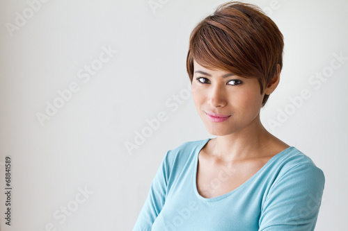 Portrait of  young beautiful woman, looking at camera with text