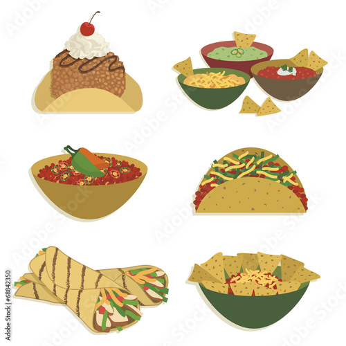 Mexican food vector clipart set fajita taco nachos chili bowl tortilla fried icecream isolated on white