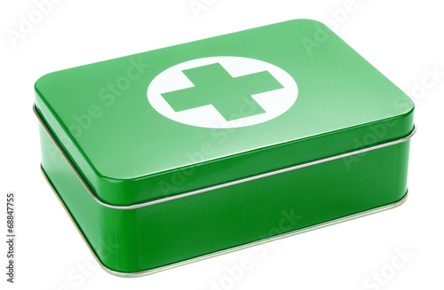 A first aid kit tin on a white background