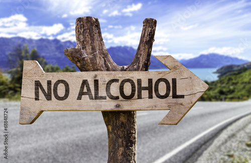 No Alcohol wooden sign with a street background photo