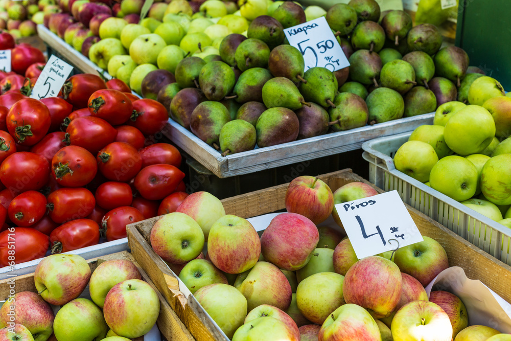 Fruits and vegetables for sale at local market in Poland. Fruits and vegetables for sale at local market in Poland.