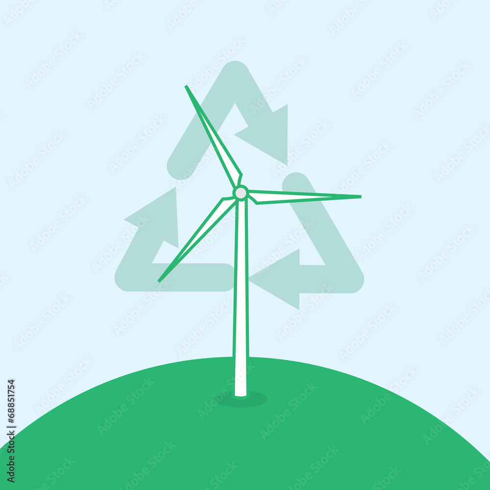 Wind turbine on the top of a hill with recycle symbol