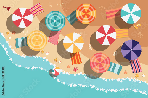 Summer beach in flat design, aerial view, sea side and umbrellas