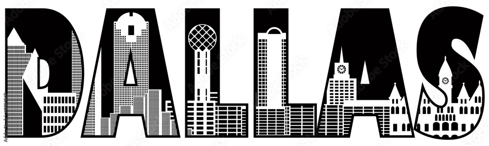 Dallas City Skyline Text Outline Black and White Illustration Dallas City Skyline Text Outline Black and White Illustration