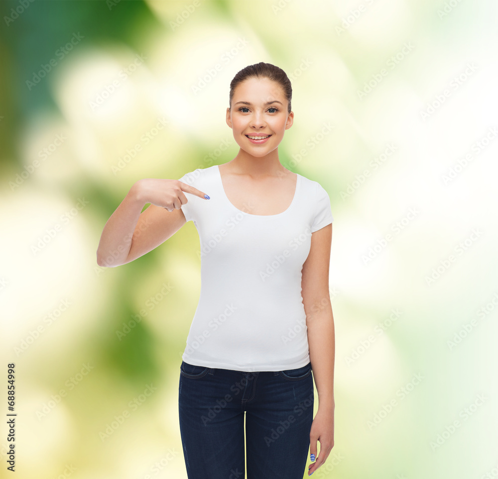 smiling young woman in blank white t-shirt smiling young woman in blank white t-shirt