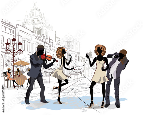 Series of street views with musicians