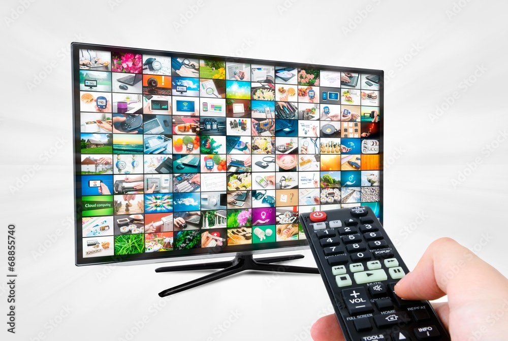 Widescreen high definition TV screen with video gallery. Remote Widescreen high definition TV screen with video gallery. Remote