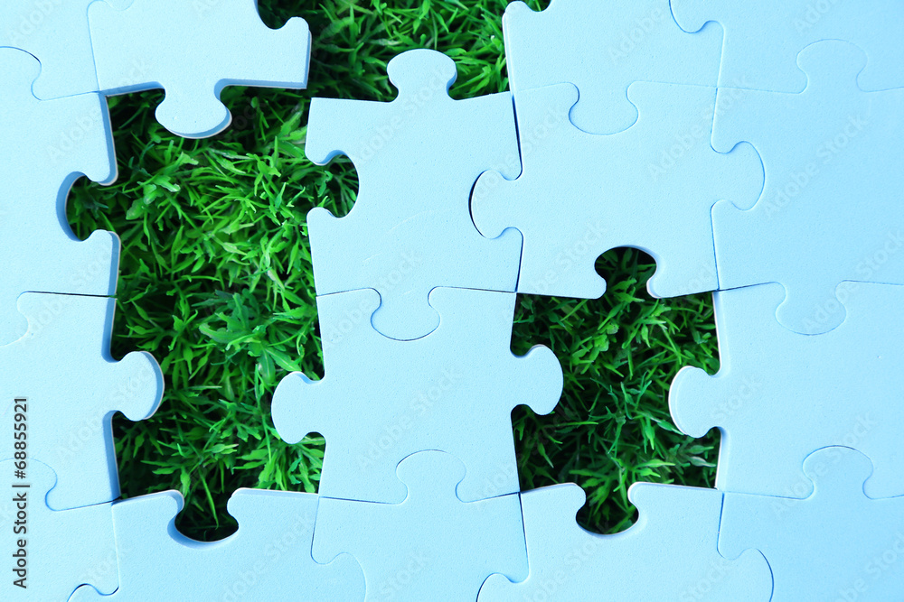 Puzzle pieces on green grass background. Green space concept Puzzle pieces on green grass background. Green space concept