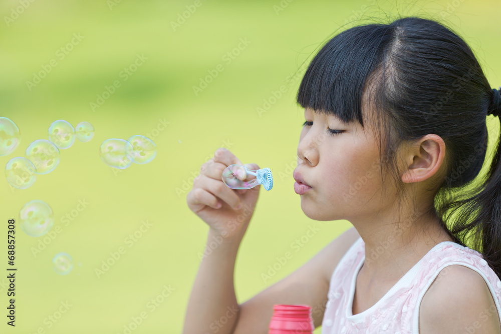 little girl blowing soap bubbles in the park little girl blowing soap bubbles in the park