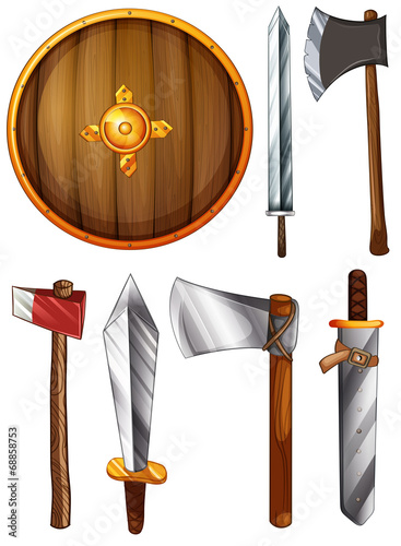A shield, swords and axes