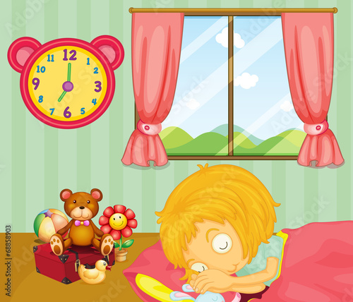 A young girl sleeping soundly in her bedroom