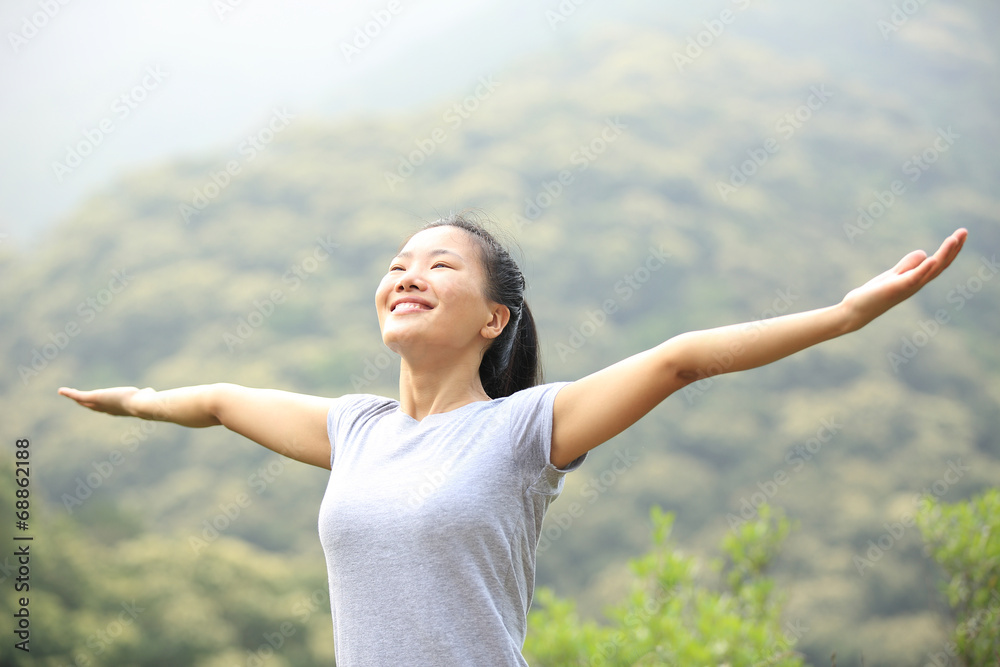 cheering hiking woman open arms mountain peak cheering hiking woman open arms mountain peak