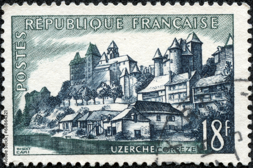 stamp printed by FRANCE shows view of Uzerche town