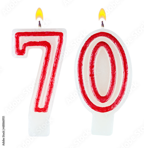 Birthday candles number seventy isolated on white background