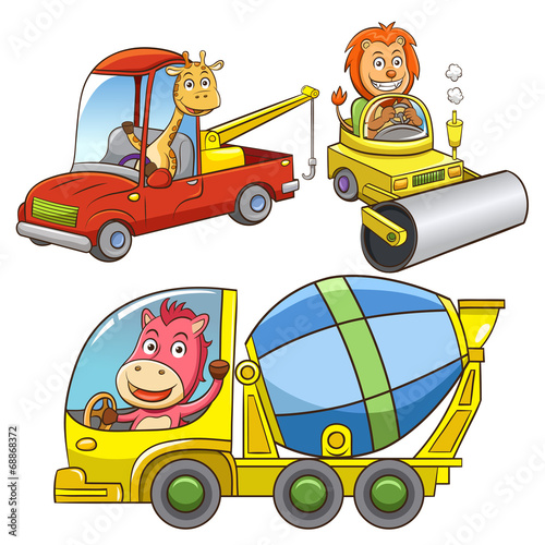 set of construction vehicle animal cartoon.