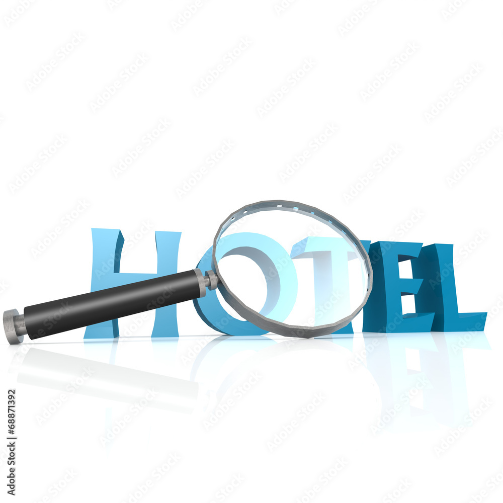 Magnifying glass with blue hotel word Magnifying glass with blue hotel word