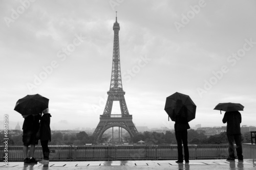 Streets of Paris with Eiffel Tower in rain