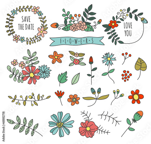 Fototapeta Naklejka Na Ścianę i Meble -  Hand drawn flowers, floral elements and floral wreath