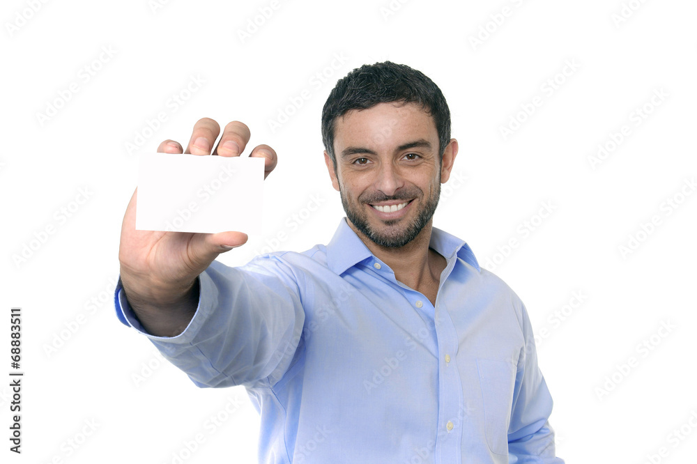 happy young business man holding blank card with copy space happy young business man holding blank card with copy space