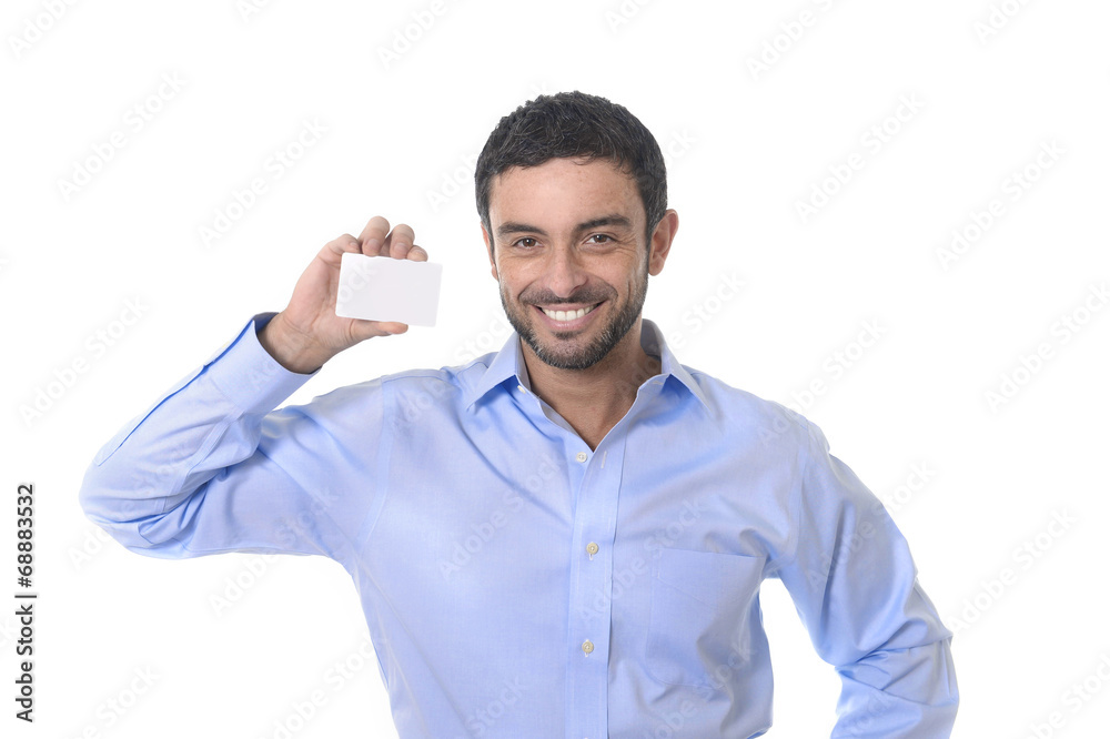 happy attractive business man holding blank card copy space happy attractive business man holding blank card copy space