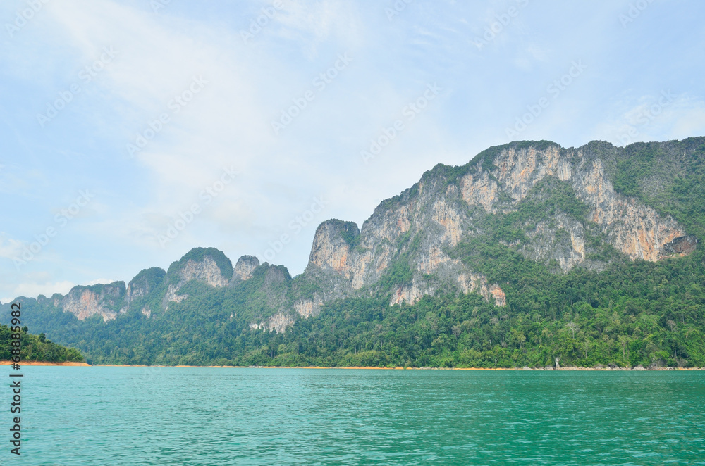 View in Chiew Larn Lake, Khao Sok National Park, Thailand.