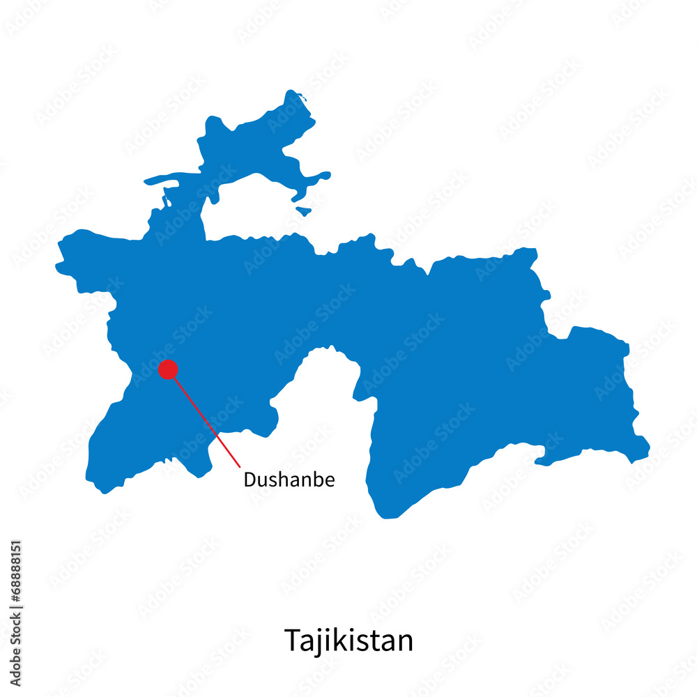 Detailed vector map of Tajikistan and capital city Dushanbe