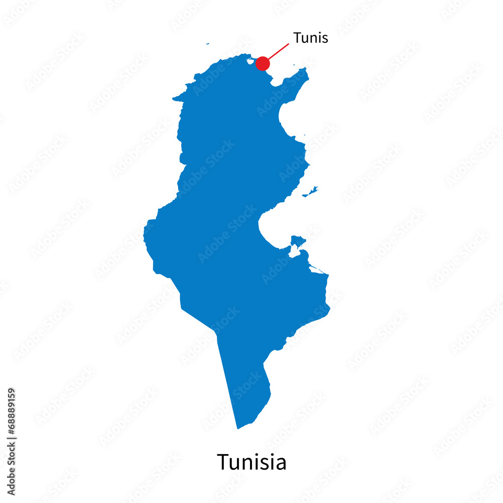Detailed vector map of Tunisia and capital city Tunis