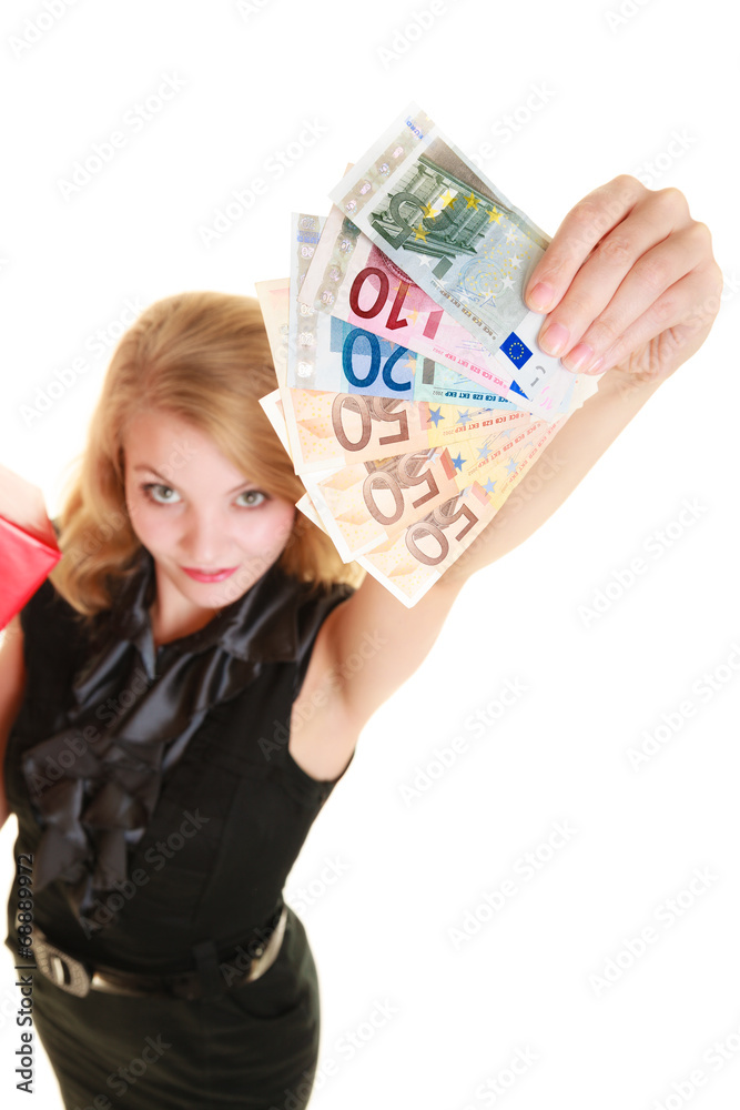 Rich woman showing euro currency money banknotes. Rich woman showing euro currency money banknotes.